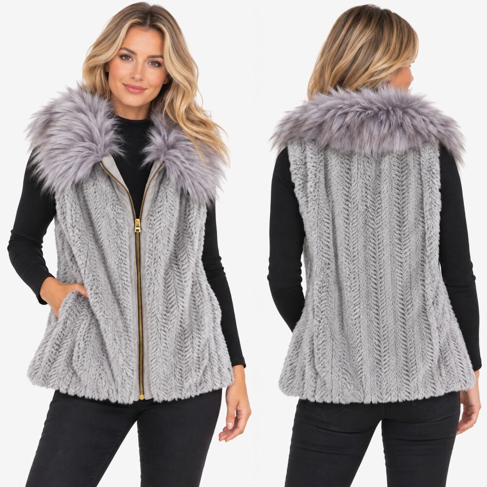 Marc New York Andrew Marc Women’s M Gray Lavender Faux Fur Herringbone Vest